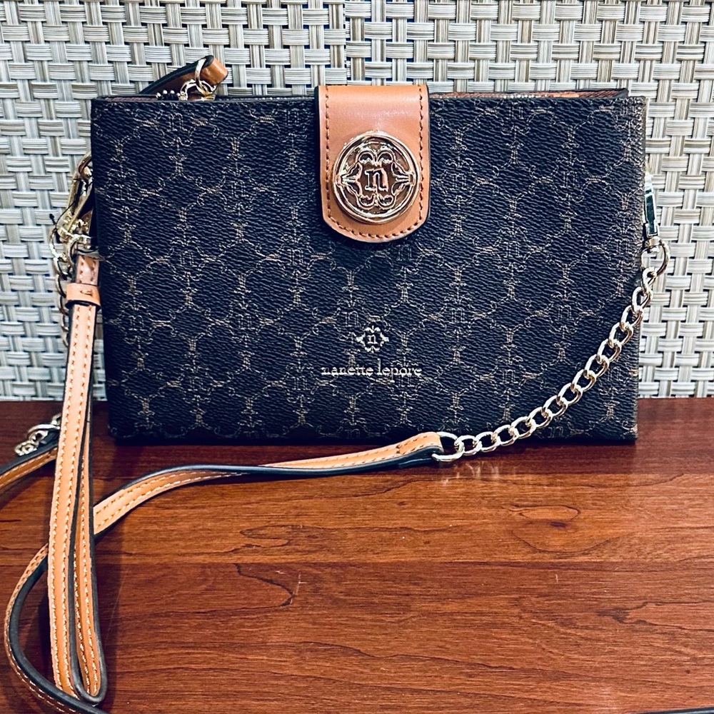 🌟2xHP🌟NWOT Brown/Tan Vegan Leather Chain Wristlet Crossbody Nanette Lepore